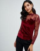 Morgan Velvet Top With Lace Sleeves In Berry-red