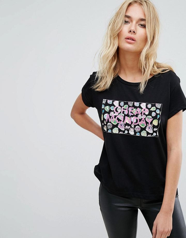 Cheap Monday Block Floral Logo T Shirt - Black