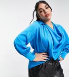 River Island Plus Satin Drape Blouse In Blue-blues