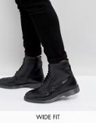 Asos Wide Fit Brogue Boots In Black Leather With Ribbed Sole - Black
