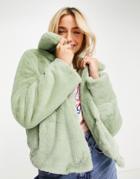 Miss Selfridge Short Faux Fur Coat In Pistachio Green