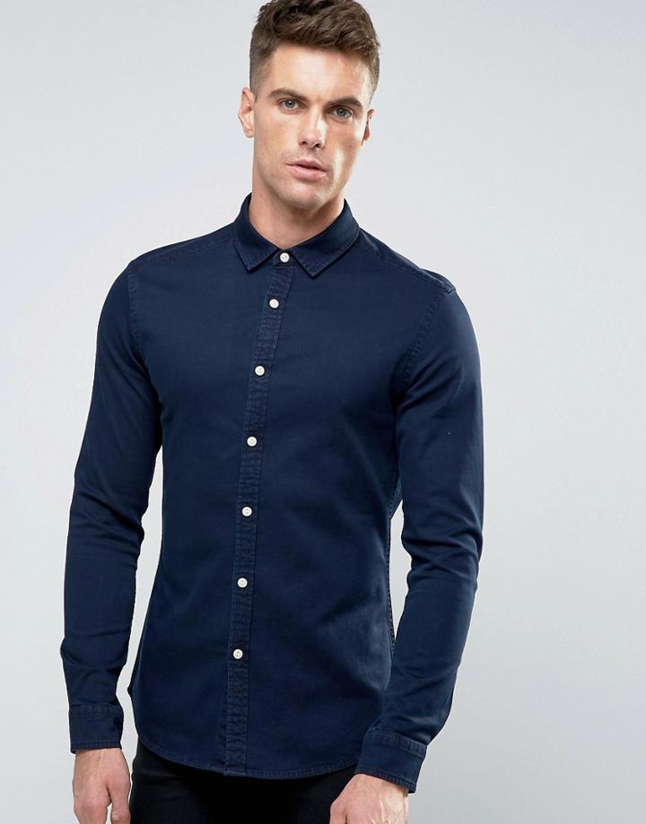 Asos Skinny Denim Shirt In Navy - Navy