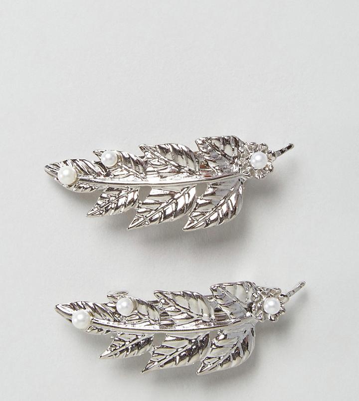 Asos Pack Of 2 Pearl Leaf Hair Clips - Silver