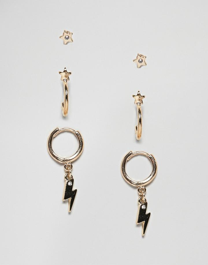 Skinny Dip Lightening Bolt Triple Earring Pack - Gold