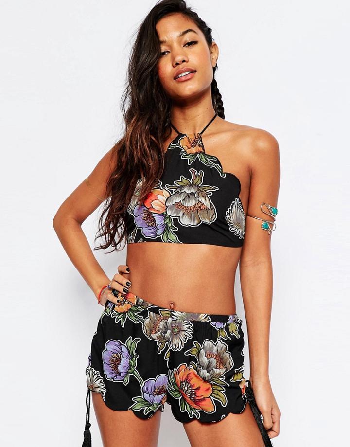 Asos Meadow Floral Print Scallop Edge Halter Beach Crop Top Co-ord - Meadow Floral