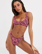 Asos Design Mix And Match Crinkle V Front Crop Bikini Top In Pink Zebra-multi