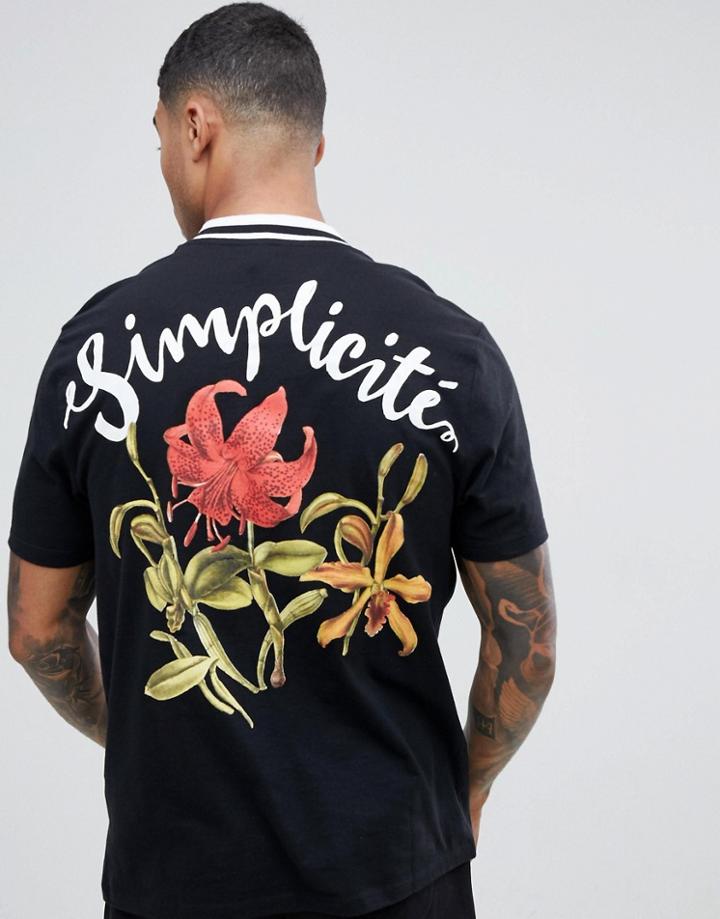 Asos Design Relaxed T-shirt With Simplicit French Text Floral Back Print And Tipped Rib - Black