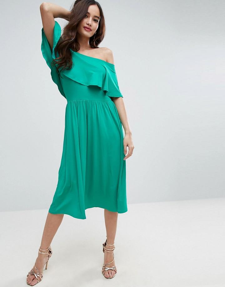 Asos Ruffle Bardot Midi Skater Dress - Green