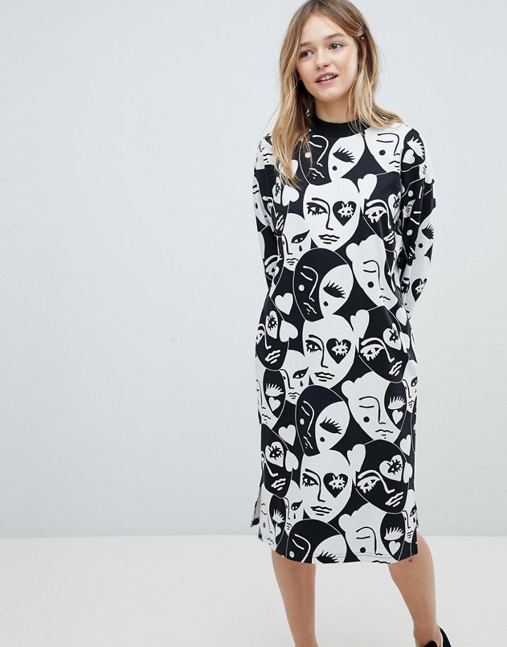 Monki Long Sleeve All Over Face Print Midi Dress - Black