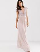 City Goddess Pleated Maxi Dress With Lace And Mesh Detail-pink