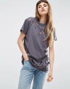 Asos T-shirt In Boyfriend Fit With Distressed Detail - Gray