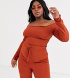 Fashionkilla Plus Ribbed Off Shoulder Frill Crop Top In Rust - Red
