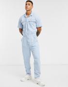 Asos Design Short Sleeve Denim Boilersuit In Light Wash Blue-blues