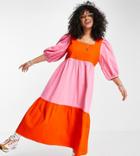 Collusion Plus Color Block Maxi Smock Dress In Pink And Red-multi