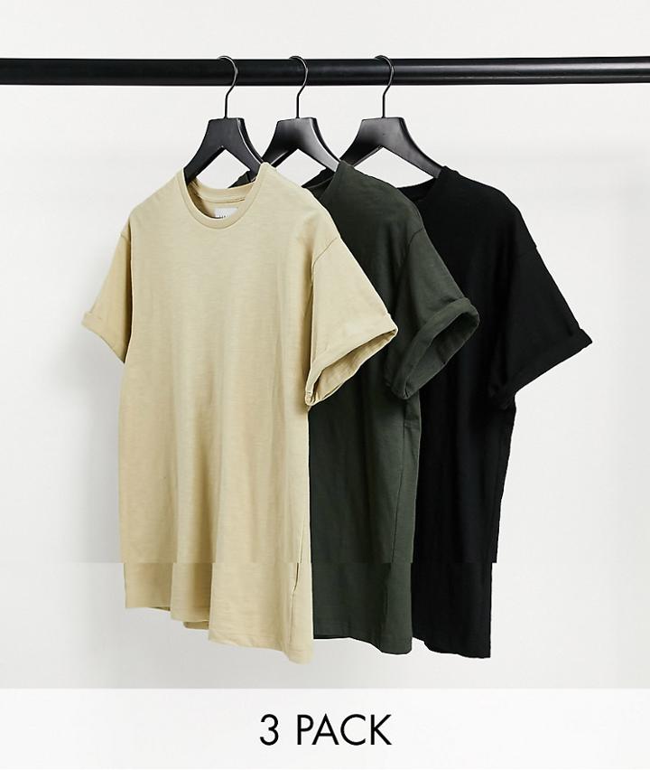 Topman 3 Pack Skinny Roller T-shirt In Black Khaki And Stone-multi