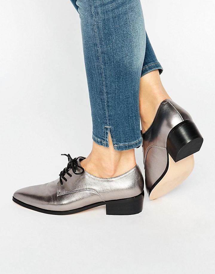 Dune Loris Silver Metallic Leather Lace Up Flat Shoes - Silver