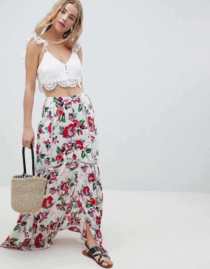 Asos Design Crinkle Maxi Skirt With Lace Trim Detail In Print - Multi