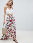 Asos Design Crinkle Maxi Skirt With Lace Trim Detail In Print - Multi
