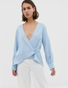 Unique21 Long Sleeve Pinstripe Wrap Top-blue