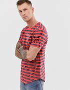 Only & Sons Curved Hem Stripe T-shirt In Coral - Red