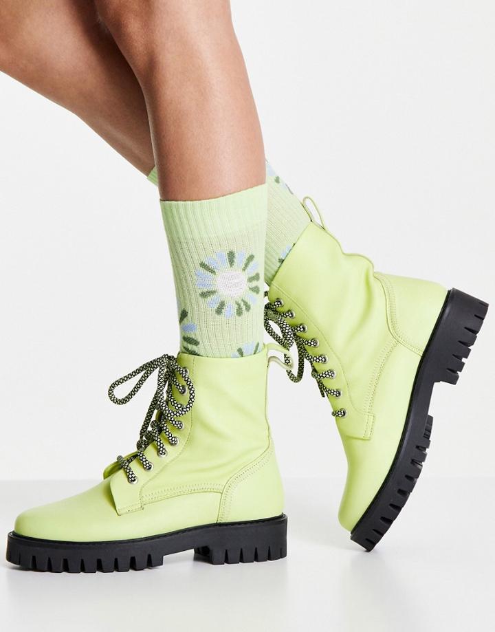 Asra Billie Leather Lace Up Chunky Flat Boots In Yellow Leather
