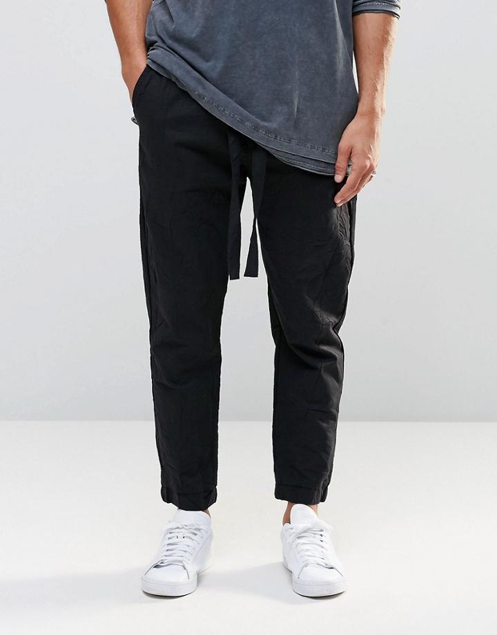 Asos Slim Cropped Pants In Crinkle Effect Fabric - Black