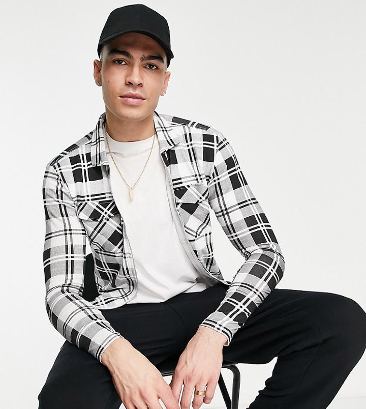Soul Star Tall Muscle Fit Full Zip Check Shirt In Black & White