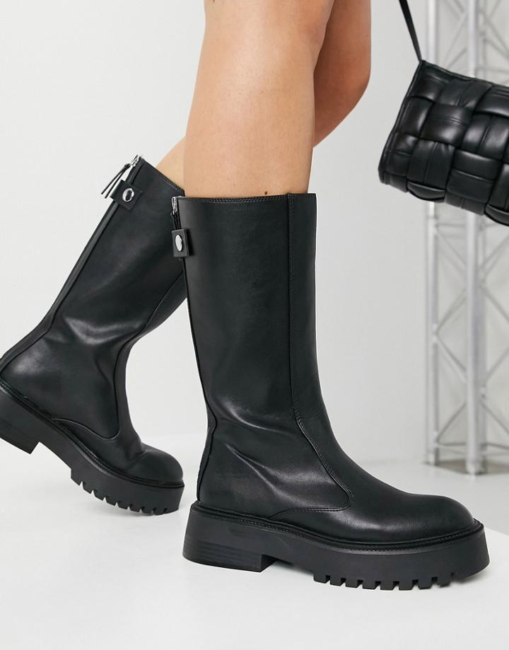 Bershka Faux Leather Wellie Boots In Black