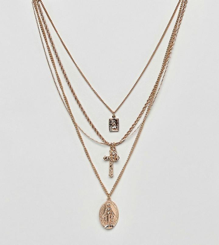 Asos Design Curve Multirow Necklace With Vintage Style Icon And Cross Pendants In Gold - Gold