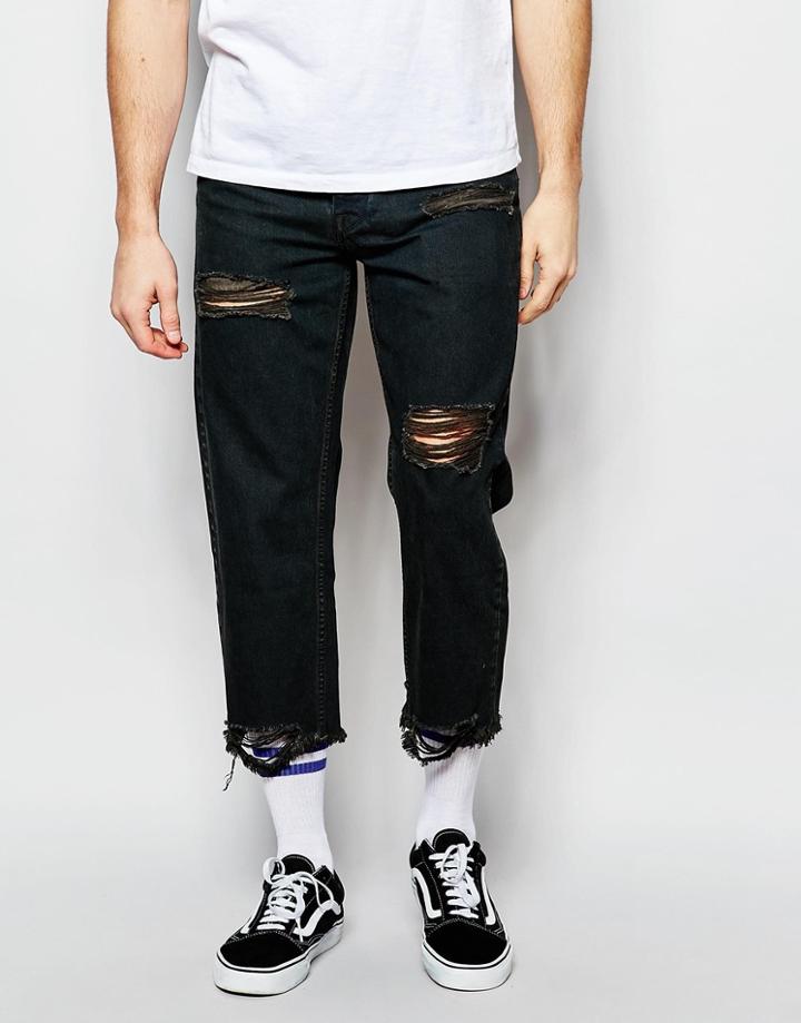 Asos Straight Jeans In Cropped Length With Raw Edge And Rips - Washed Black
