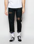 Asos Straight Jeans In Cropped Length With Raw Edge And Rips - Washed Black