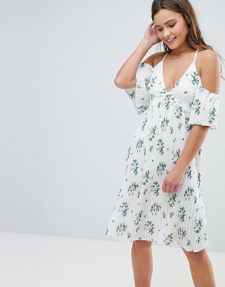 Boohoo Floral Cold Shoulder Pleated Dress - White