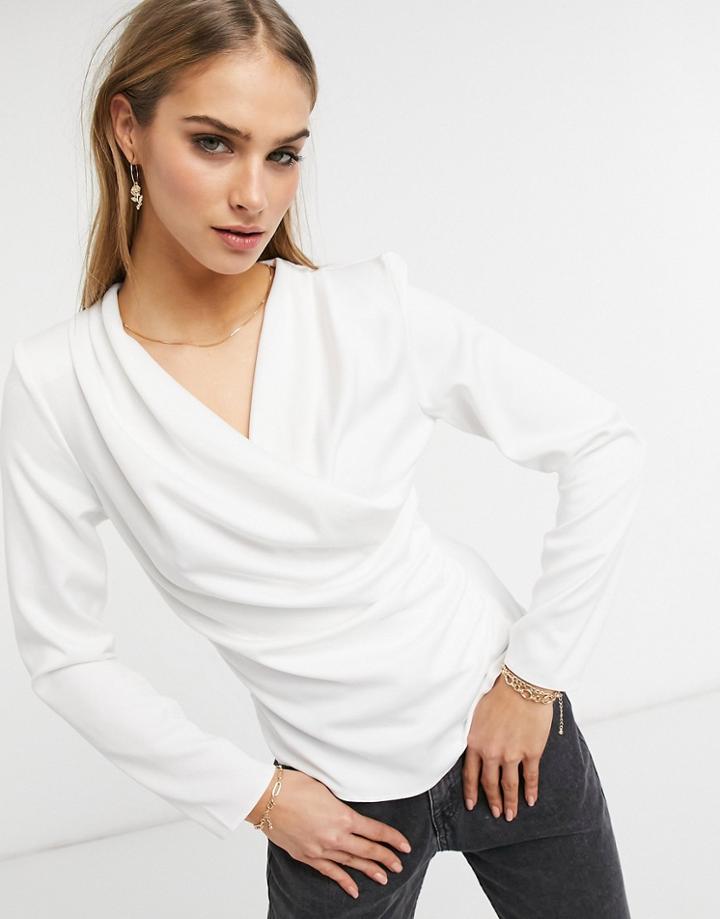 Asos Design Long Sleeve Satin Blouse With Drape Detail In Ivory-white