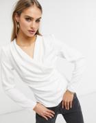 Asos Design Long Sleeve Satin Blouse With Drape Detail In Ivory-white
