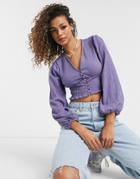 Monki Zoey Smocked Waist Jersey Blouse In Purple-blues