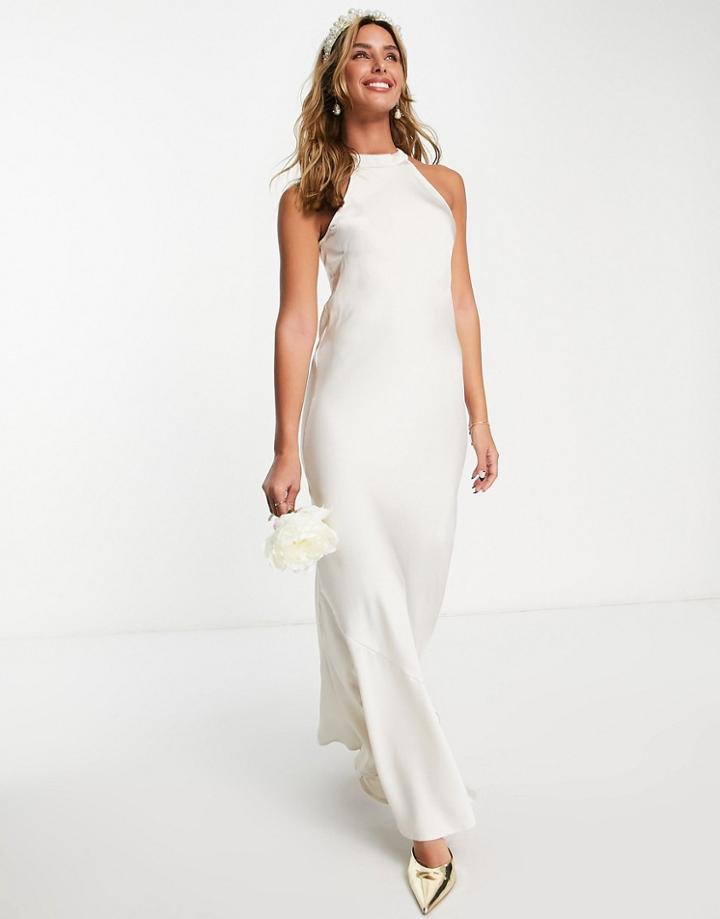 Vila Bridal Halterneck Maxi Dress In Cream Satin-white