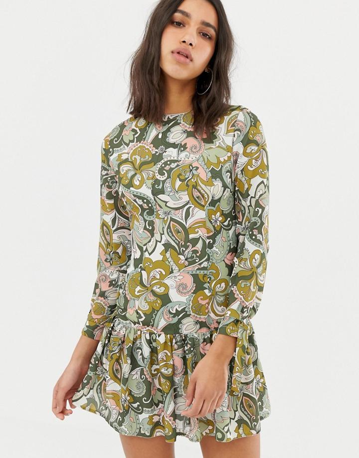 Love Long Sleve Printed Dress With Peplum - Green