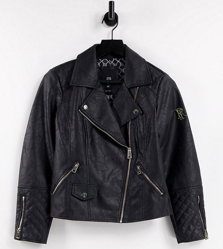 River Island Petite Branded Faux Leather Biker Jacket In Black