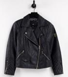 River Island Petite Branded Faux Leather Biker Jacket In Black