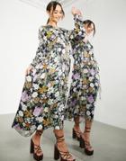 Asos Edition V Neck Oversized Midi Dress With Drawstring In Floral Print-multi