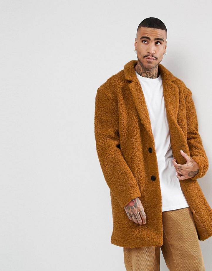 Asos Relaxed Borg Overcoat In Rust - Orange