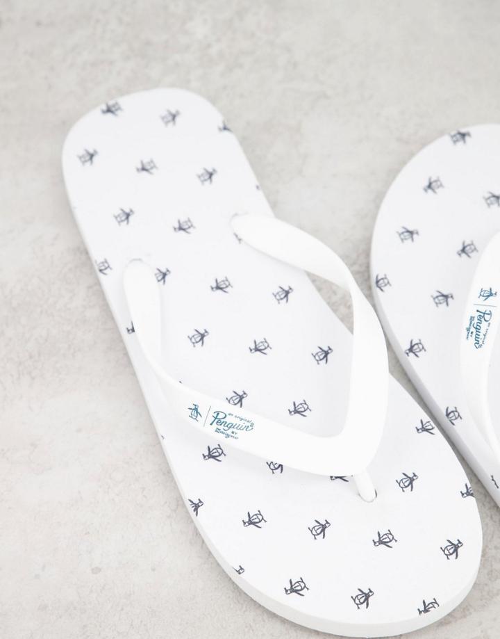 Original Penguin Logo Print Flip Flops In White