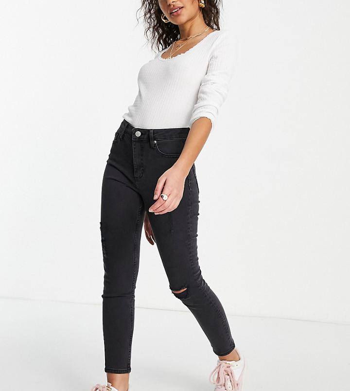 Miss Selfridge Petite Lizzie High Waist Authentic Ripped Skinny Jeans In Black