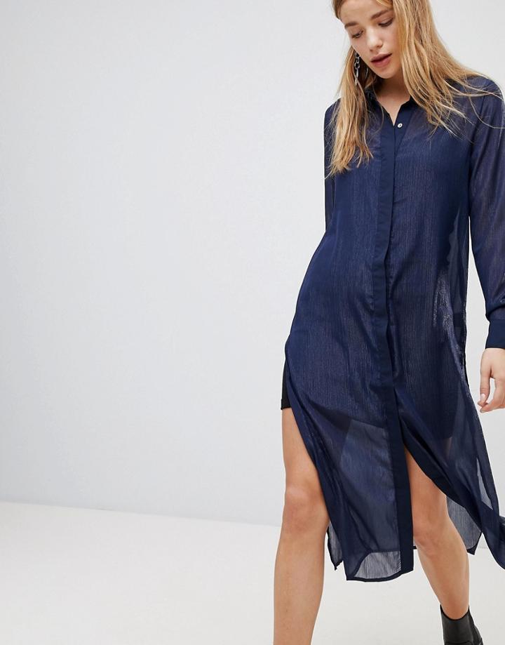 Qed London Sheer Shirt Dress - Navy