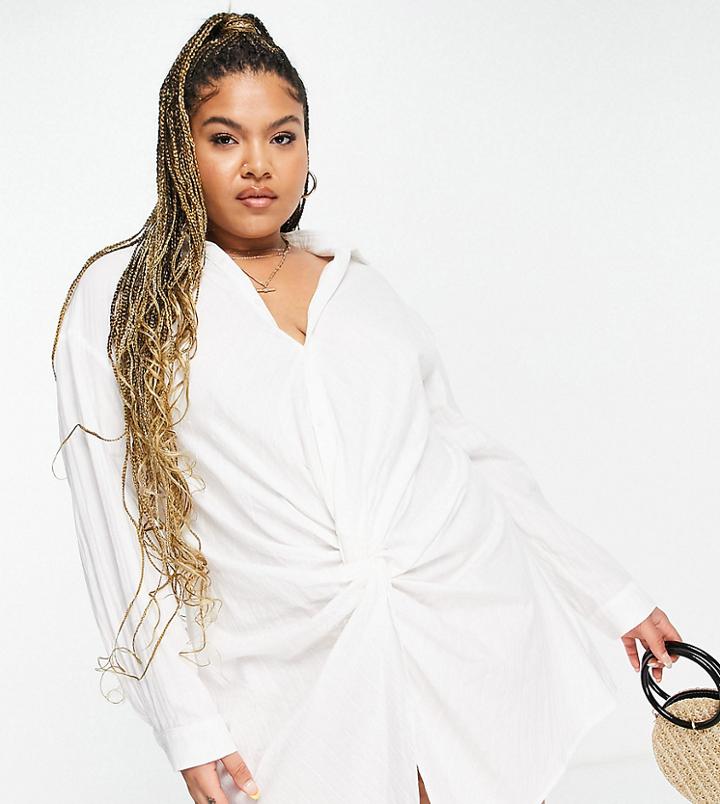 Saint Genies Plus Textured Twist Front Shirt Dress In White