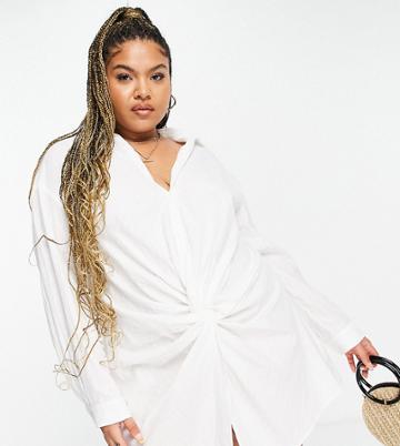 Saint Genies Plus Textured Twist Front Shirt Dress In White