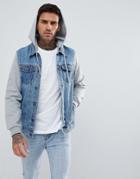 Pull & Bear Denim Jacket With Jersey Sleeves And Hood In Blue - Blue