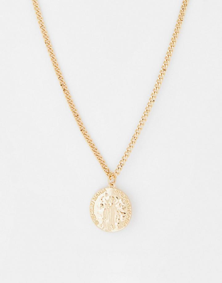 Asos Design Longline Necklace With Hammered Circle Pendant In Gold Tone