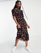 New Look Ruched Sleeve Tiered Midi Dress In Black Polka Dot