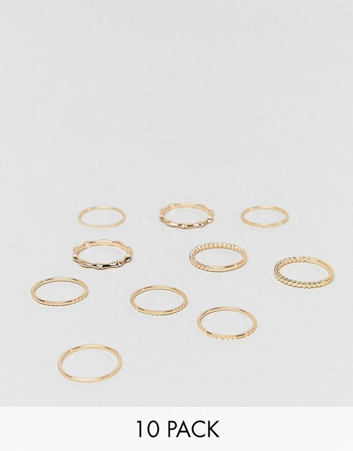 Asos Design Pack Of 10 Rings In Minimal Design In Gold - Gold